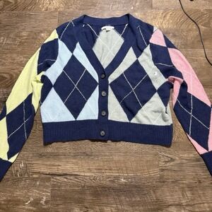 American Eagle Argyle Academic Cropped Cardigan XL Button Down Y2K Preppy NWOT